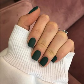 SXVME 48 Pcs Matte Dark Green Press on Nails Short Square, Acrylic False Nails Short Coffin, Natural Small Fake Nail Set, Elegant Solid Soft Gel Stick on Nails for Women Fall Winter