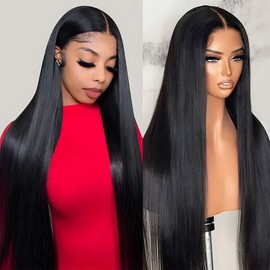 Minqisheng Straight Lace Front Wigs Human Hair 28Inch 13x6 Lace Front Wigs Human Hair Pre Plucked 210 Density Glueless Straight HD Lace Frontal Wigs Real Hair Pre Plucked With Baby Hair Natural Black