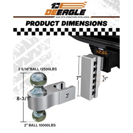 Adjustable Trailer Hitch Ball Mount, Fits 2 & 2.5 inch Receiver, 4 inch Drop/Rise Aluminum Drop Hitch, 12500LBS GTW, 2” & 2-5/16” Dual Ball, Tow Hitch for Truck with Pin Locks, Hitch Tightener