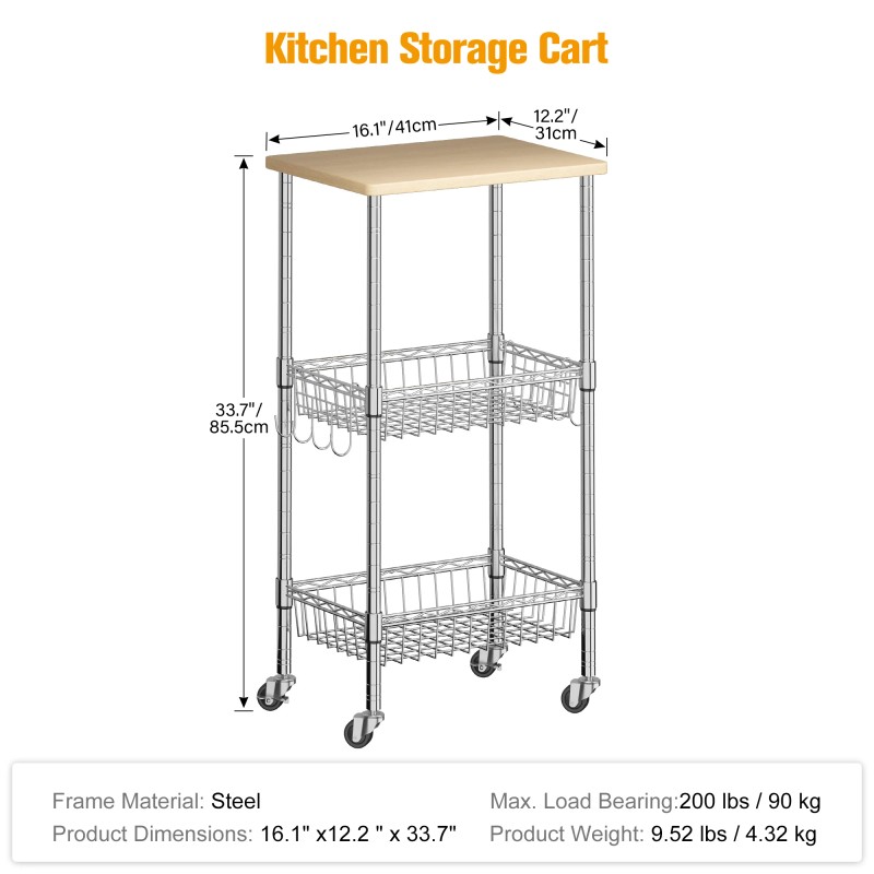 3-Tier Rolling Kitchen Storage Cart with Adjustable Wire Baskets Mobile