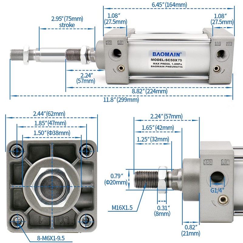 Baomain Pneumatic Air Cylinder SC 50 x 75,PT 1/4, Bore