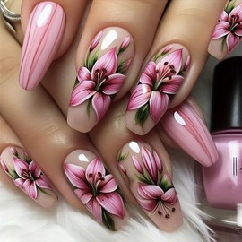 MISUD Press on Nails - Long Coffin Fake Nails, Acrylic Pink Lily Flower Floral Design 24 pcs