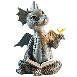 Youery Dragon Reading Book Statue, Beautiful Yard Sculpture, Resin Garden Dragon Outdoor Statues