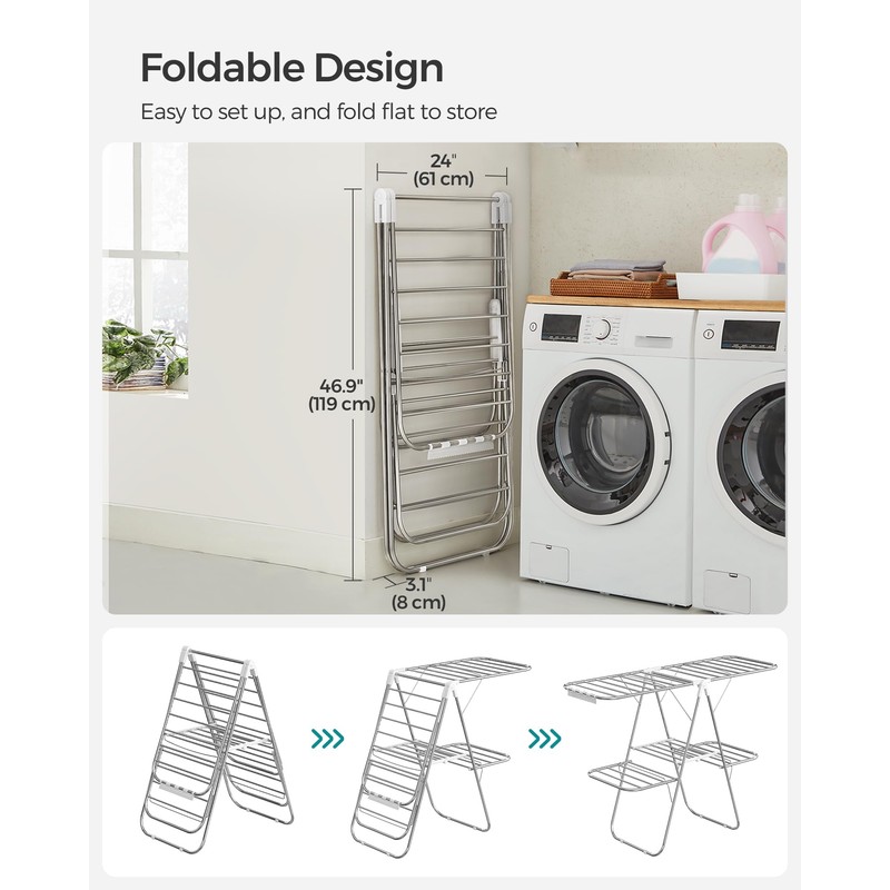 SONGMICS Clothes Drying Rack, Foldable 2-Level Laundry Drying Rack, Free-Standing