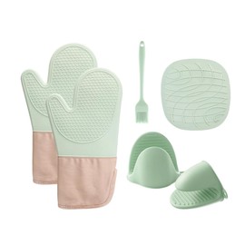 Ofenhandschuhe Hitzebestaendig (6er Set), Küchen Zubehör Backofen Handschuhe，Topflappen Silikon Anti- Rutsch Topfhandschuhe Kochhandschuhe, with Untersetzer Topf & Klebehaken & Bürste