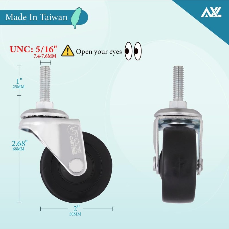 AXL 5/16 UNC Threaded Stem Caster Wheels Set of 4,