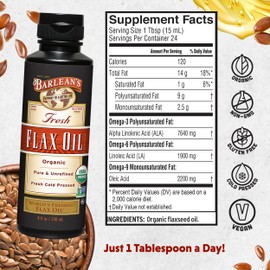 Barlean's Organic Flaxseed Oil Liquid from Fresh Cold Pressed Flax Seeds, 7,640mg ALA Omega 3 Fatty Acid Supplement for Healthy Hair, Skin, and Eyes, Vegan and Gluten Free, 12 oz