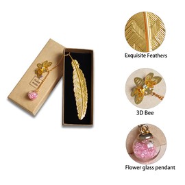 Metal Feather Bookmark with 3D Bee and Glass Bead Pendant Birthday Gifts Christmas Gifts Book Marker for Teacher Reader Students Mentors Women Men Book Lover Instructors Thanksgiving Valentines Gift