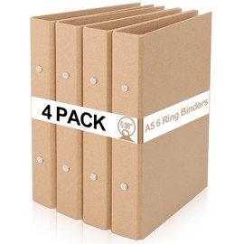 WOOWAIR Pack of 4 Ring Binder A5 Refillable Kraft Paper, A5 Ring Binder with 6 Rings, Folder for Adding, Brochure Cover Papers, Loose Sheets, 233 x 175 mm Binder with 38 mm Spine for Office School
