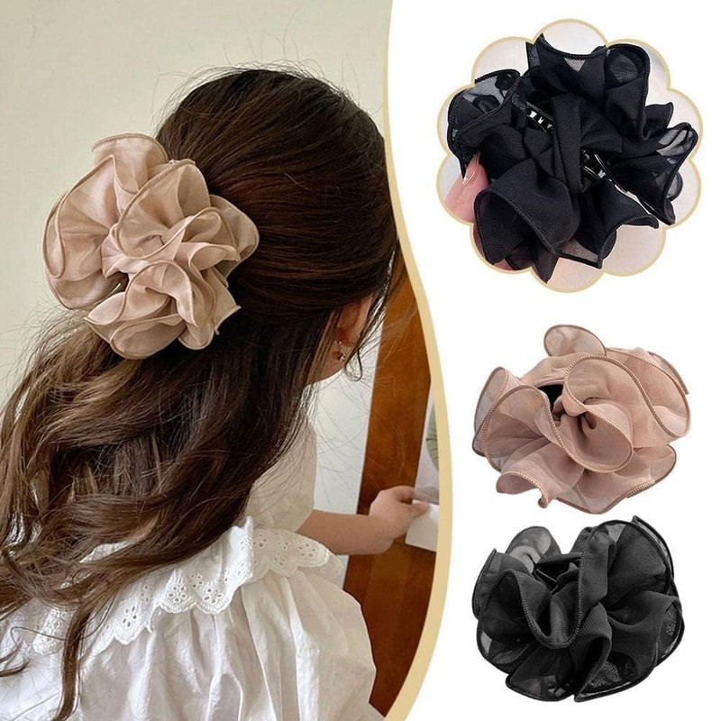 Black Chiffon Claw Clip Hair Bow Large Size Black Fabric