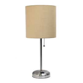 Simple Designs LT2024-TAN Brushed Steel Stick Table Desk Lamp with Charging Outlet and Drum Fabric Shade, Tan