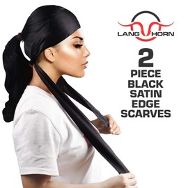 2 pcs Satin Edge Scarves for Women - Hair Laying Scarf - Non Slip Hair Wraps - Wig Band Satin Edge wrap - Fashion Sports Yoga Makeup Facial (2 Pc Black)