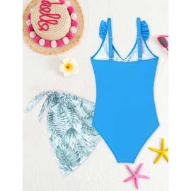 Traje de baño de una pieza con volantes recortados, cuello en V, con falda cubierta, 9 a 16 años, Azul, 11-12 Years
