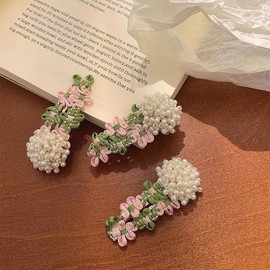 2 Pcs Pearls Flower Hair Clips Sweet Cloth Metals Spring Summer Artificial Flower Bangs Clips Hair Accessories for Women Girls Thick Thin Hair Decorative
