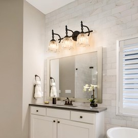 CVKASH 3-Light Bathroom Vanity Light Fixtures Over Mirror,Black Modern Vanity Light with Glass Shade Vintage Wall Sconce for Bedroom Dressing Room Living Room Hallway Cabinet