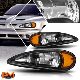 PM PERFORMOTOR Headlight Assembly Compatible with Pontiac Grand Am 99-05 | Headlamps with Black Housing Amber Corner