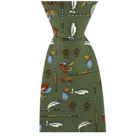 Soprano green colour Silk Tie adorned with various fly fishing images such as flies, rods, reels and fish…