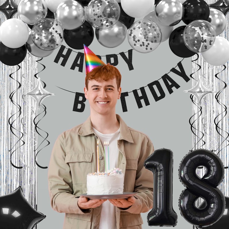 18th Birthday Decorations for Boys Girls, Silvery and Black Happy