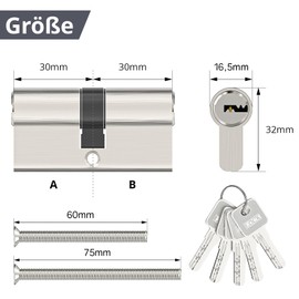 MANICAF Locking Cylinder 30/30 Cylinder Lock with 5 Keys, Profile Cylinder, Door Cylinder Lockable on Both Sides, Euro Copper Cylinder Lock