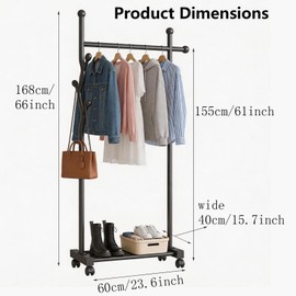 MYUPDALIN Freestanding Garment Rack with Wheels, Rolling Clothes Rack with Bottom Shelf, Clothing Organizer for Bedroom, Laundry Room, Boutique, Black Metal
