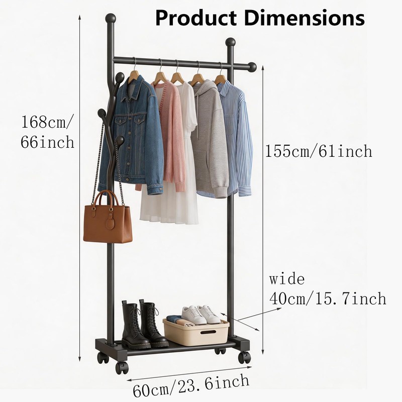 MYUPDALIN Freestanding Garment Rack with Wheels, Rolling Clothes Rack with