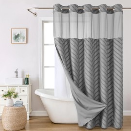 eachope No Hook Tufted Chevron Striped Shower Curtain with Snap-in Fabric Liner set-71Wx74H(72H),Grey Hotel Grade Boho Style Shower Curtain with See Through Top Window,Water Repellent