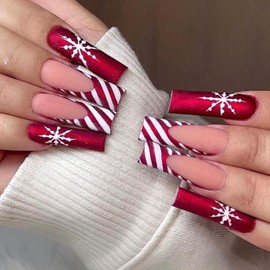 Vopintpy Christmas Press on Nails Long Square Fake Nails Winter Xmas Snowflake Glue on Nails with Red White Stripe French Tip Designs Reusable Matte Stick on Nails for Women