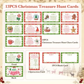 HMJKL Christmas Scavenger Hunt Clue Cards, Xmax Scavenger Hunt Games for Adults, Winter Holiday Birthday Party Supplies Activities Outdoor Indoor(13 Clues Cards with Envelopes), 04