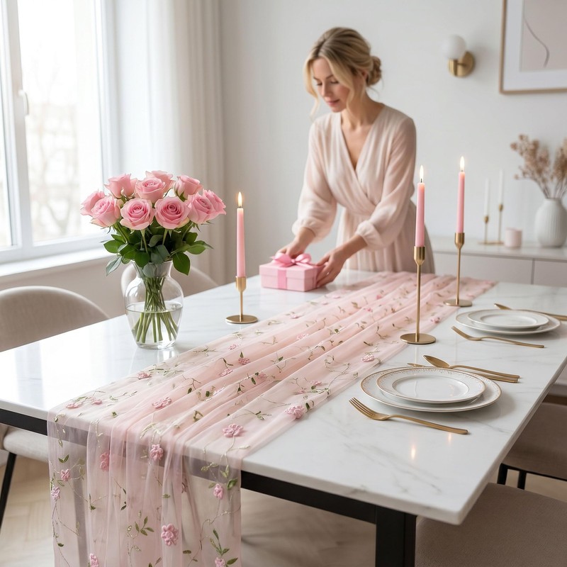 Boho Sheer Table Runner , Pink Tulle Table Runner with