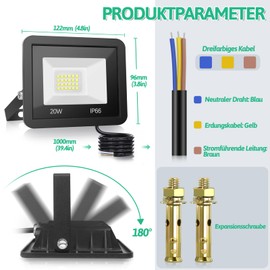 Ddlisu LED Outdoor Spotlight, 20 W LED Floodlight, 24 LED IP66 Waterproof, 2000 LM Outdoor Spotlight, 6000 K Cool White Spotlight, Ideal Outdoor Light for Garden, Courtyards, Backyard, Pack of 2
