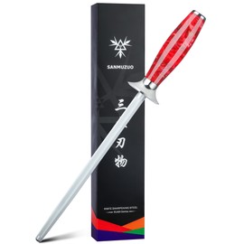 SANMUZUO ホーニングロッド、 包丁用シャープニングスチール、9インチ 樹脂ハンドル付きホーニングスチール - XUANシリーズ (サンセットレッド)