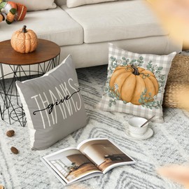 AVOIN colorlife Hello Pumpkin Give Thanks Throw Pillow Covers 20x20 Set of 4, Aqua Fall Autumn Thanksgiving Eucalyptus Leaves Harvest Decoration for Home