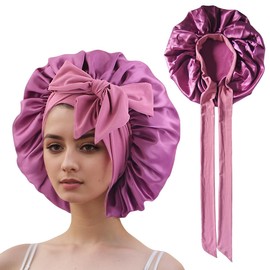 HIQIU Women's Long Hair Care Satin Bonnet Sleeping Cap, Silk Adjustable Sleep Cap, Elastic Bonnet Silk Hood for Sleeping, Soft for Sleep, Night Bonnet for Women, Taro purple