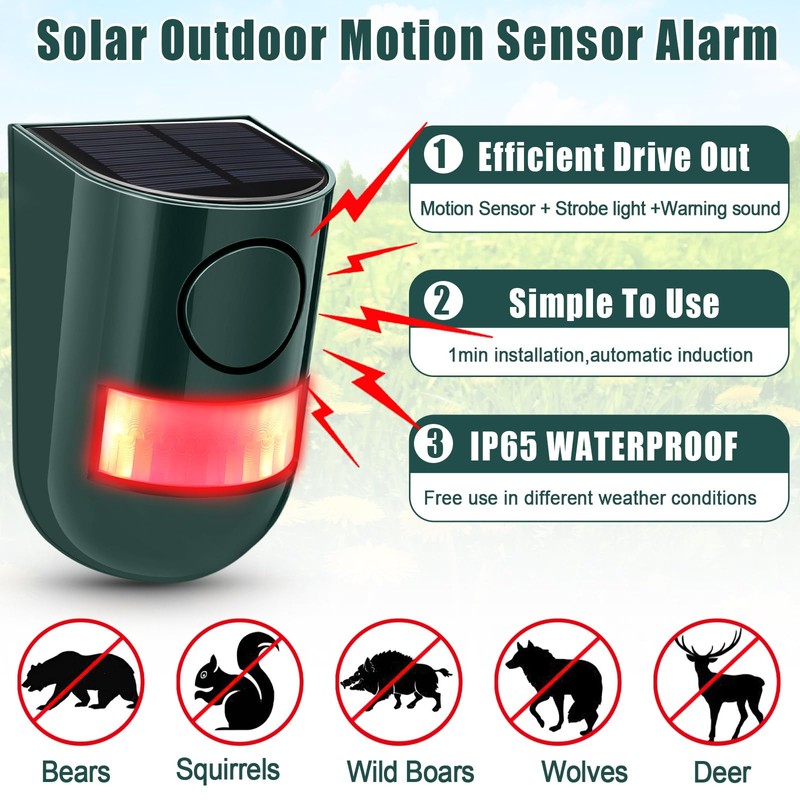 Qualirey Solar Sound and Light Alarm Motion Sensor 129db Outdoor