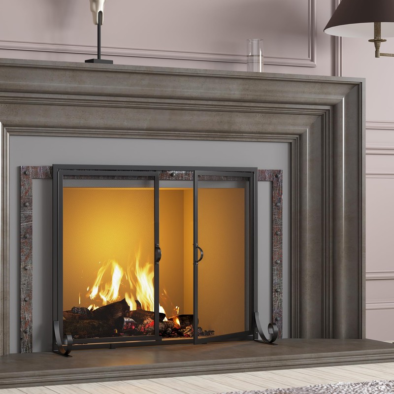 Fire Beauty Fireplace Screen with Hinged Doors, Powder Coated Steel