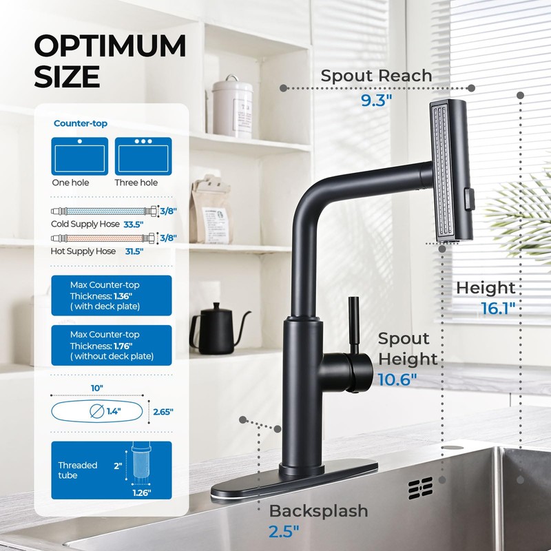 WEWE Waterfall Kitchen Faucet with Pull Down Sprayer, Black Kitchen