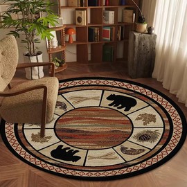 Soyalie Bear Cabin Round Rugs 3 Feet for Hallway Bathroom Entrance Kitchen Circular Wildlife Bear Plants Area Rug Non-Slip Lodge Bear Indoor Floor Carpet