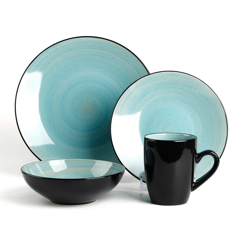 HomeVss Sonoma 16 Piece Stoneware Dinner Set, Samoa, Outside Black