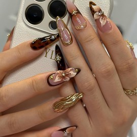 Long Almond Press on Nails Stiletto Fake Nails Relief Flower and Goldn Lines Press ons Handmade Nails Brown False Nails Pearls Rhinestones Acrylic Nails for Women Nail Art Decor 24 Pcs