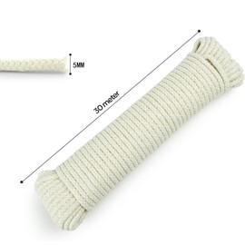 Natural Cotton Clothesline Pulley, Snag & Tear Resistant, 30m X 5.5mm, Soft Braided 190kgs Pulling Force Rope