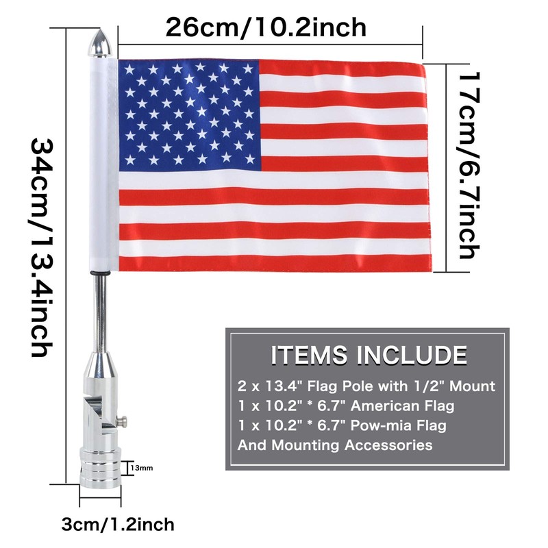 2 Pack Motorcycle Flag Pole Fold Down 90° with American