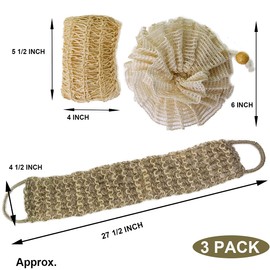 PPHAO - Natural Loofah - Loofah Sponge with Handle - Bath Scrubber for Body - Natural Exfoliating Scrubs for Women and Men - Sisal and Ramie Fiber Bath Kits - 3 Pack