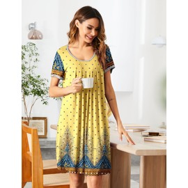 Ekouaer House Dresses for Women Moomoo Nightgowns Short Sleeve Mumu Dress Pleated Night Gowns Lounge Dress Floral Yellow XL