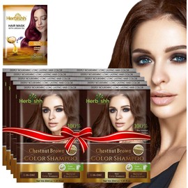 Herbishh Hair Color Shampoo for Gray Hair– Hair Dye Shampoo with Argan Hair Mask–Tamaño de viaje-Tiñe el cabello en minutos–Color de larga duración–10pack+1pack (Chestnut Brown)