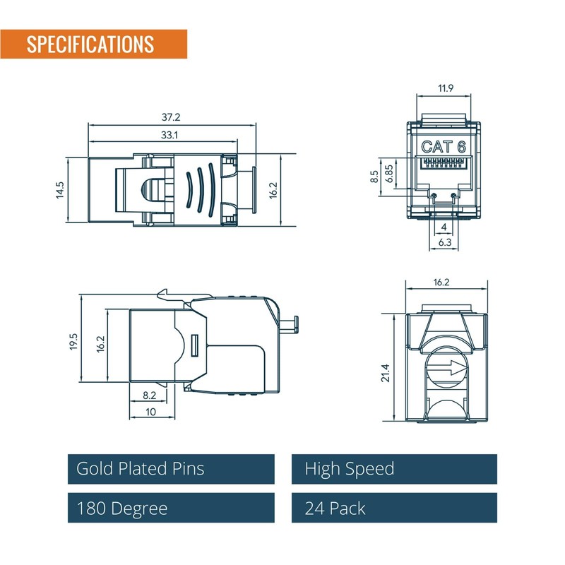 Tecmojo CAT6 Unshielded keystone jack Gigabit, 24 Pack
