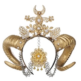 women Golden Flower Sheep Horn HairBand Gothic Headwear Costume Steampunk Cosplay (gold)