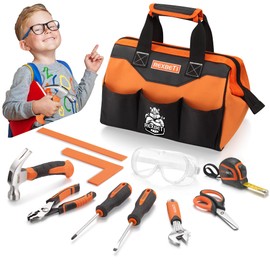 REXBETI 10-Piece Kids Tool Set with Real Hand Tools, Orange Durable Storage Bag, Children Learning Tool Kit for Home DIY and Woodworking, 6+ Years Old Birthday Gift