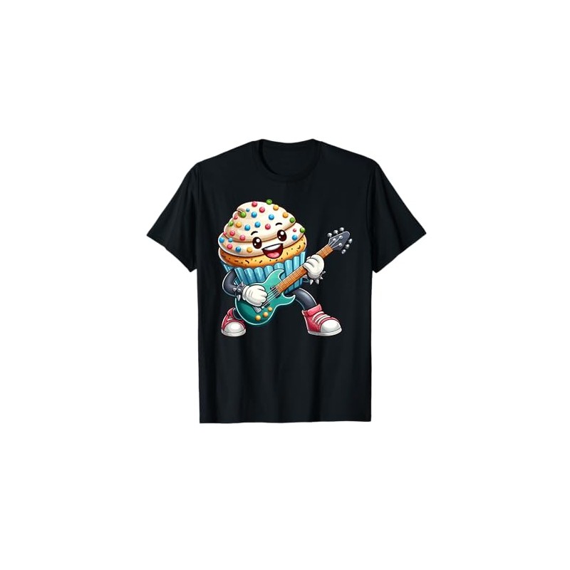 Rock Star Cupcake Cartoon Character Funny Guitar Player T-Shirt