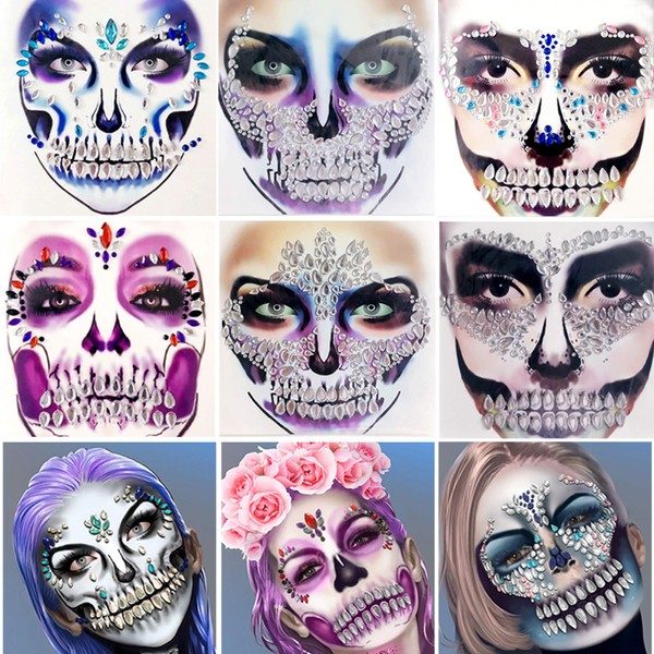 Sugar Skull Face Jewels,Day of the Dead Face Jewels, Rhinestone Skeleton Gem Face Decal, Shrine Skeleton Face Gems for Halloween Face Decals,6-Pack