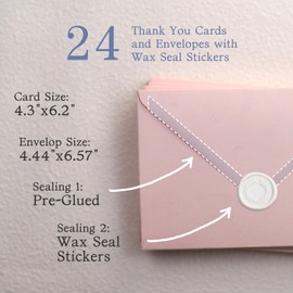 Liheheca Wildflower Thank You Cards with Envelopes,24 set Bulk,4"x6",Wax Seal Stickers,Floral Greeting Cards for Wedding,Baby Shower,Bridal Shower(Soft Pink)